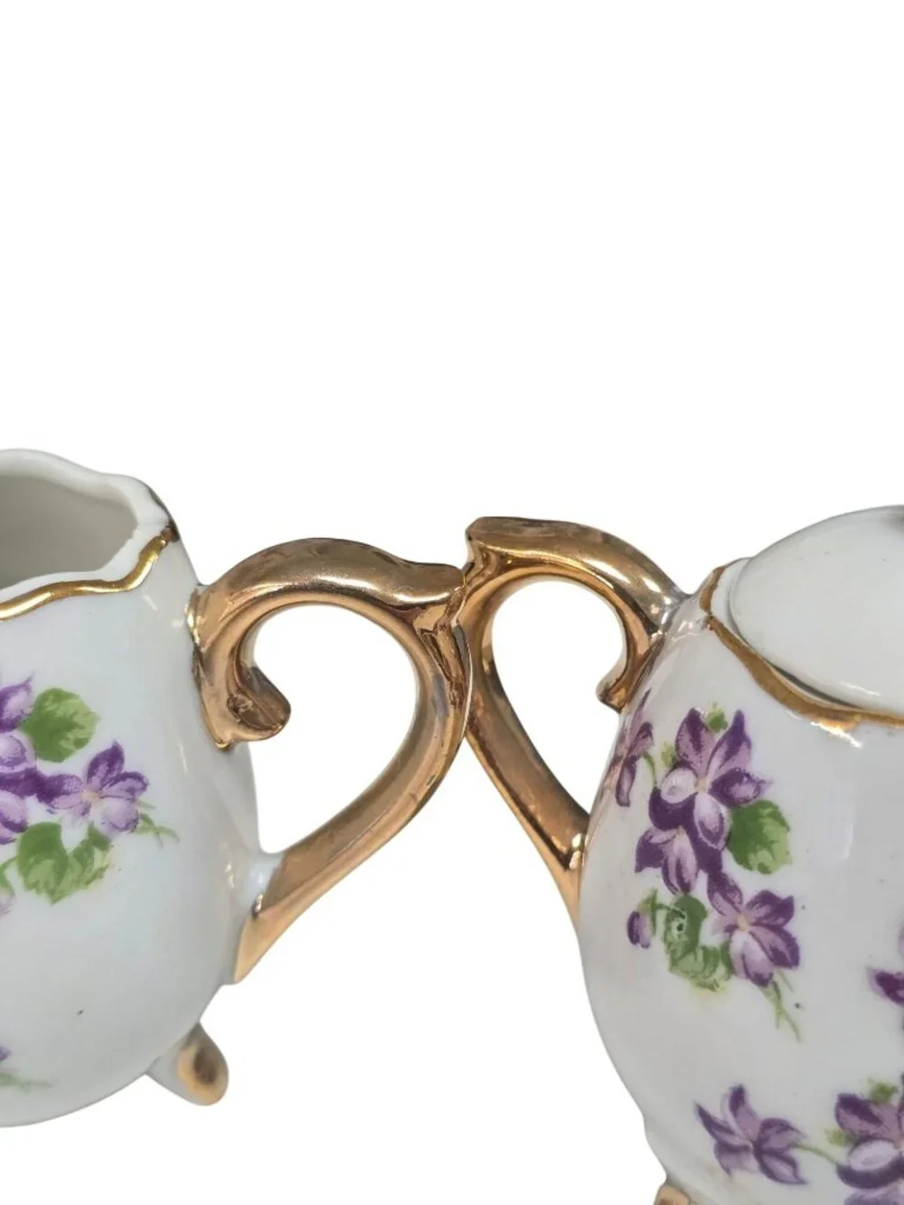 Vintage Enesco Japanese Creamer & Sugar Set Purple Floral Gold Trim Footed 3.5